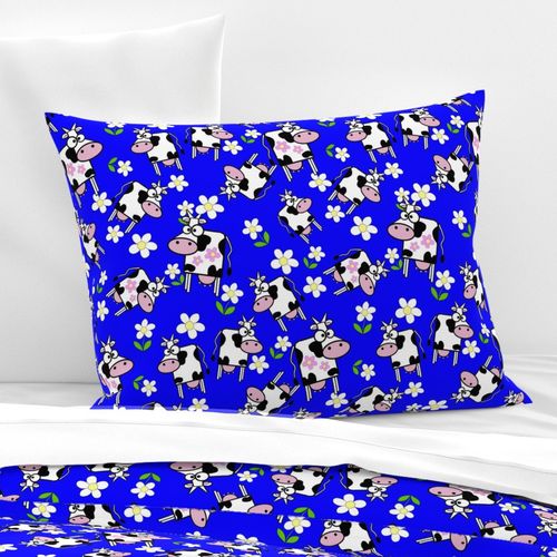 Cartoon Cow and Pink Daisys on bright blue