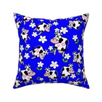 Cartoon Cow and Pink Daisys on bright blue
