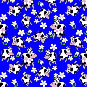 Cartoon Cow and Pink Daisys on bright blue