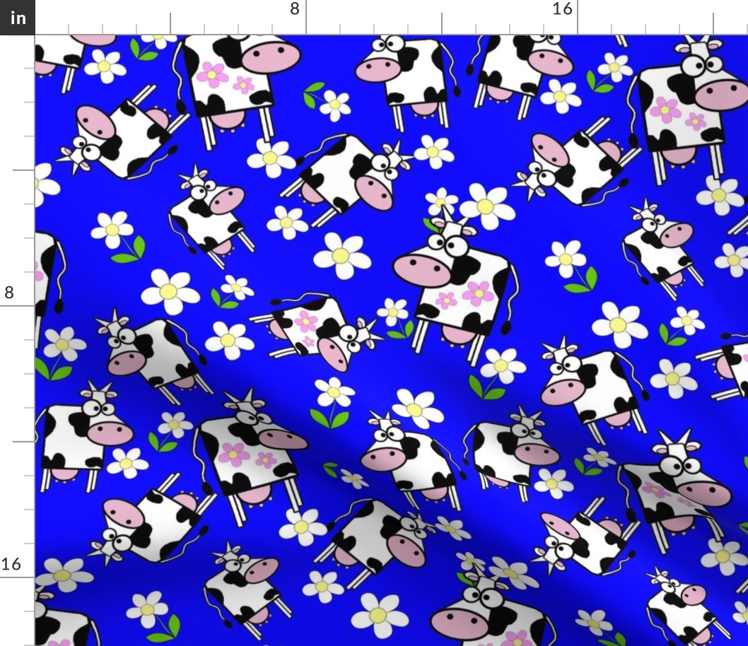 Cartoon Cow and Pink Daisys on bright blue