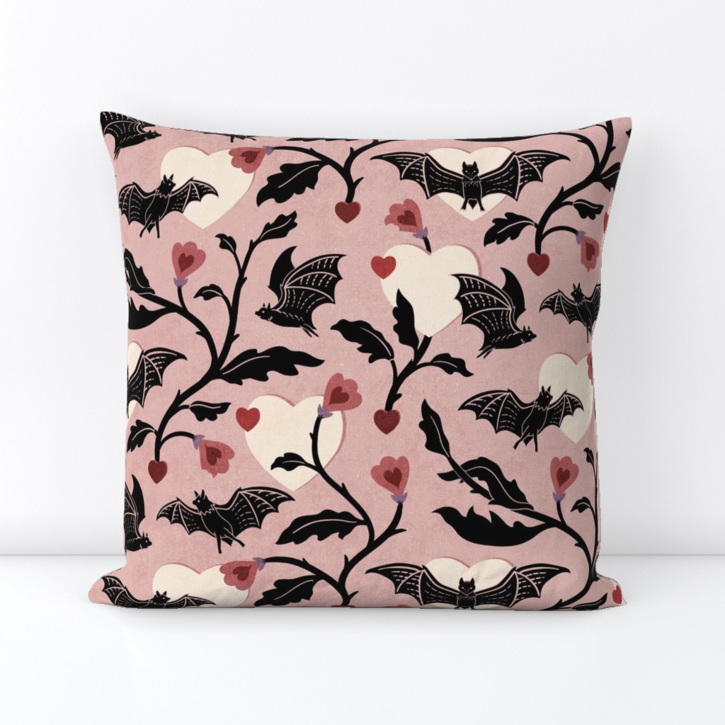 Batty for you - dark Valentine - bats and heart on warm pink - large