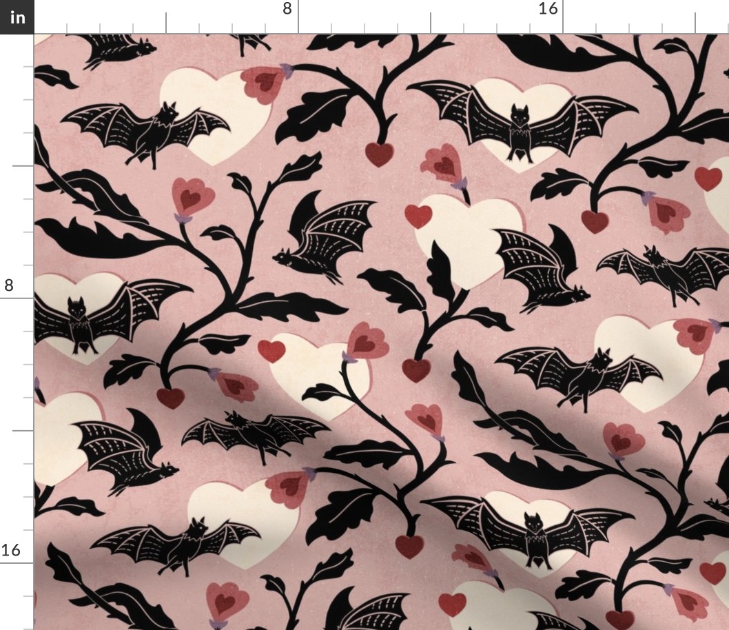 Batty for you - dark Valentine - bats and heart on warm pink - large