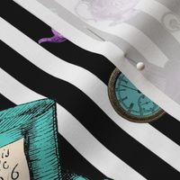 Mad Hatter with teacups and teapots - black and white stripe