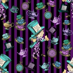 Mad Hatter with teacups and teapots on purple black stripe