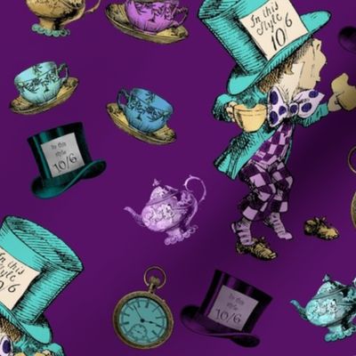 Mad Hatter with teacups and pots  on a bright purple background