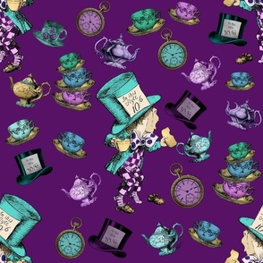 Mad Hatter with teacups and pots  on a bright purple background