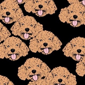 Adorable retro poodle faces - labradoodle puppies cavapoo cockapoo dog design freehand illustration caramel brown on black