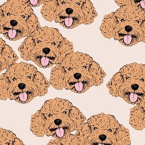 Adorable retro poodle faces - labradoodle puppies cavapoo cockapoo dog design freehand illustration caramel brown on sand