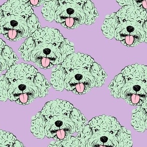 Adorable retro poodle faces - labradoodle puppies cavapoo cockapoo dog design freehand illustration mint green on lilac nineties palette