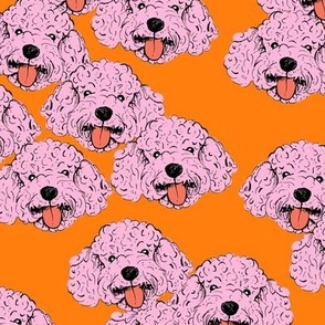Adorable retro poodle faces - labradoodle puppies cavapoo cockapoo dog design freehand illustration orange pink nineties palette