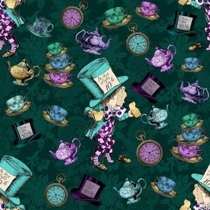 Mad Hatter with teacups and teapots on a bottle green
