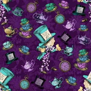 Mad Hatter with teacups and teapots on a purple damask print background