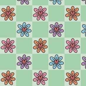 Colorful Heart Flowers on Checkerboard