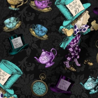 Mad Hatter with teacups and pots on a black damask print background