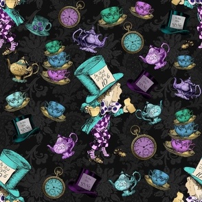 Mad Hatter with teacups and pots on a black damask print background