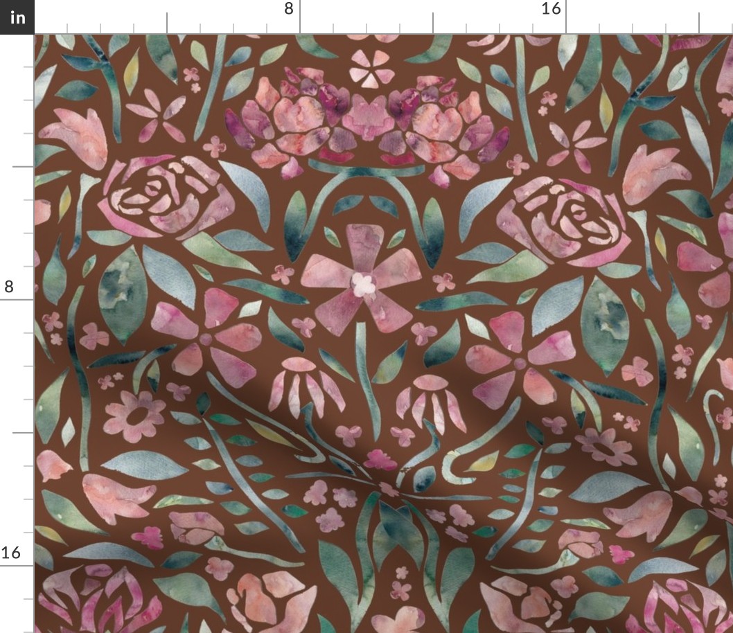 Hand Cut Collaged Pink Flowers And Green Leaves Tan Brown Large