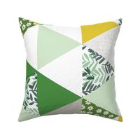 rotated 6" triangle wholecloth: kelly greens, yellow, gray