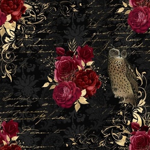 Gothic Red Roses , Owl and Vintage Writing