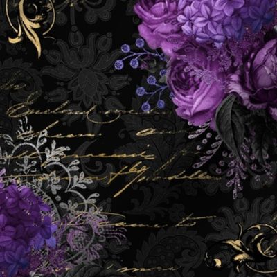 Gothic Purple Floral on black damask with vintage golden writing 