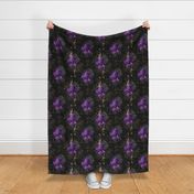 Gothic Purple Floral on black damask with vintage golden writing 