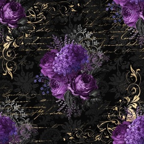 Gothic Purple Floral on black damask with vintage golden writing 