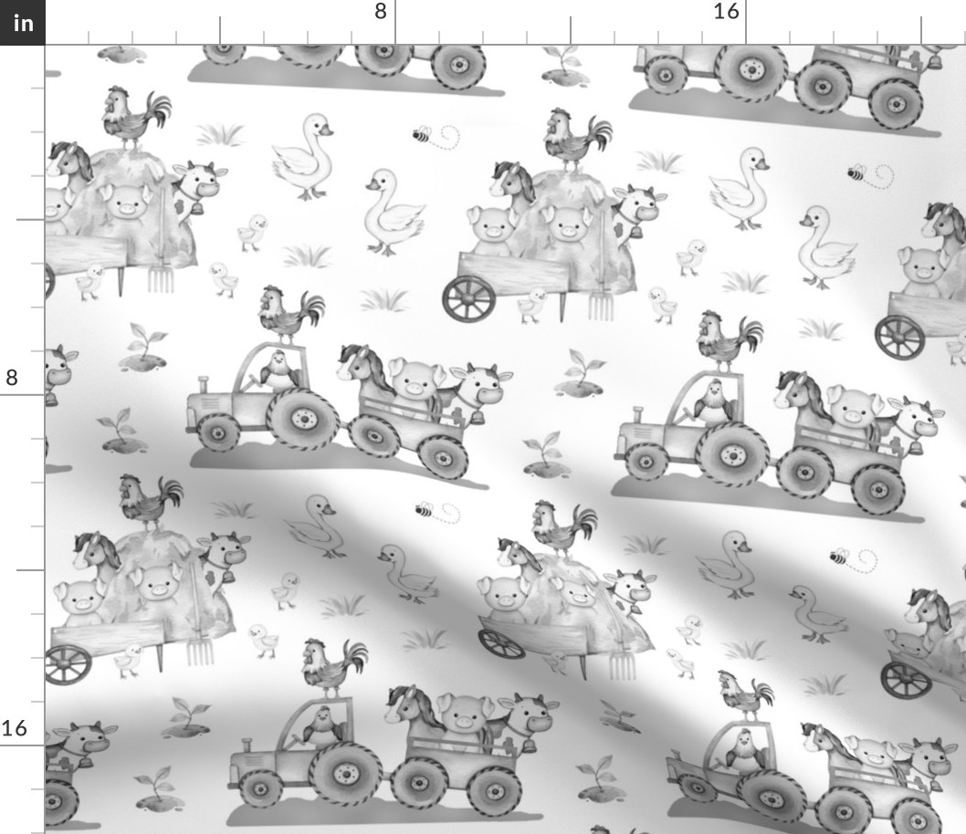 Farm Animals Haystack Tractor Grey Monochrome 