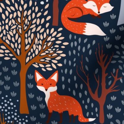 Rustic Fall - Cute Woodland Fox on Dark Blue