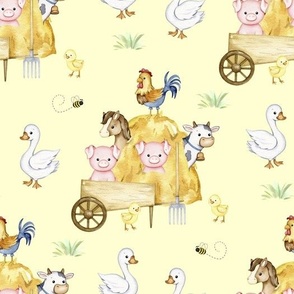 Farm Animals in Haystack Yellow 