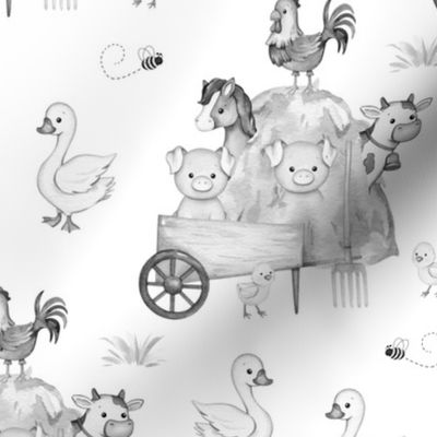 Farm Animals in Haystack Grayscale 