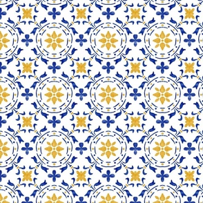 Azulejos tile yellow and blue. Classic cottagecore kitchen.