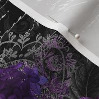 Gothic Purple Floral on black damask with vintage silver  writing 