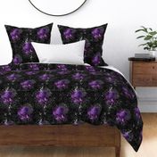 Gothic Purple Floral on black damask with vintage silver  writing 