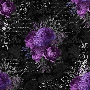 Gothic Purple Floral on black damask with vintage silver  writing 