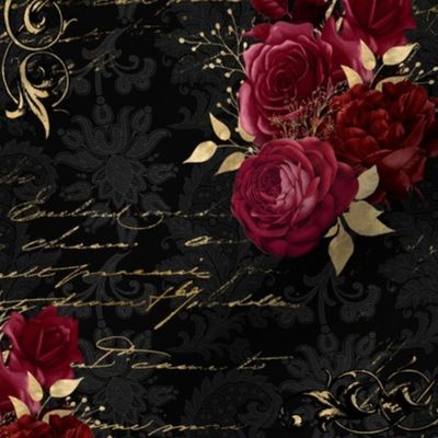 Gothic Steampunk  Red Roses on black damask with gold vintage writing 