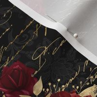 Gothic Steampunk  Red Roses on black damask with gold vintage writing 