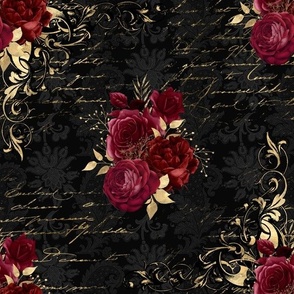 Gothic Steampunk  Red Roses on black damask with gold vintage writing 