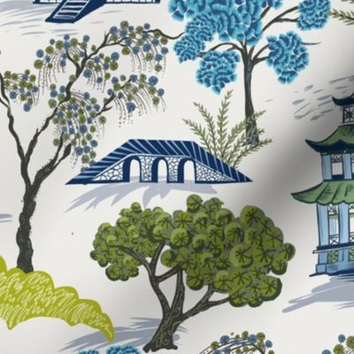 Chinoiserie Pagoda Willow blues and greens, Chinese temples, willow branches JUMBO large