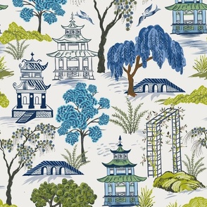 Chinoiserie Pagoda Willow blues and greens, Chinese temples, willow branches JUMBO large