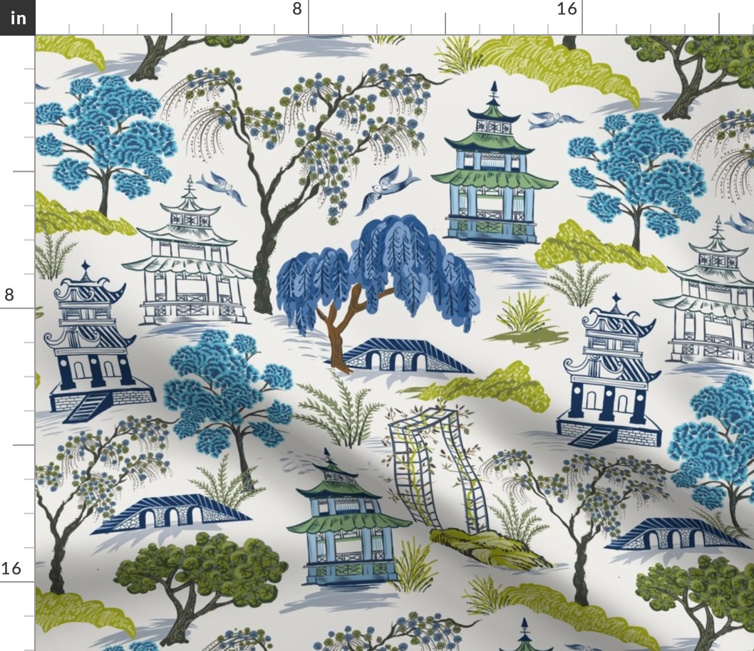 Chinoiserie Pagoda Willow blues and greens, Chinese temples, willow branches JUMBO large
