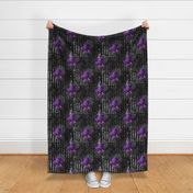 Gothic Purple Floral on black damask with vintage silver stripe and writing 