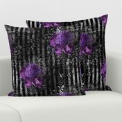 Gothic Purple Floral on black damask with vintage silver stripe and writing 