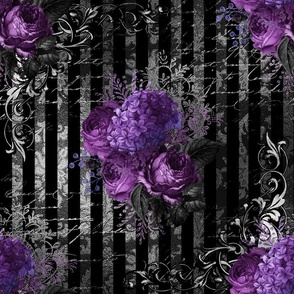 Gothic Purple Floral on black damask with vintage silver stripe and writing 