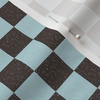 Small scale textured bold teal and grey  geometric checkerboard, organic speckles in contrasting colours, for adult apparel, elegant pjs, pretty pillows and cosy home decor 