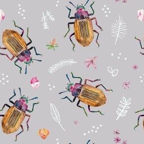 Hand Painted Watercolour Beetle With White And Pink Flowers Light Grey Medium