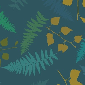 Fern and Birch Leaves Dark Blue Yellow Green