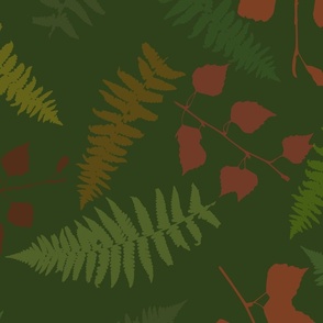 Fern and Birch Leaves Dark Green Red Large Scale