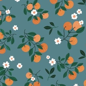 Citrus flower garden - italian oranges and flowers botanical fruit branches green orange on moody blue