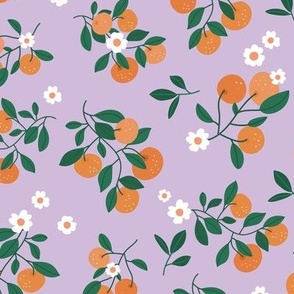 Citrus flower garden - italian oranges and flowers botanical fruit branches green orange on lilac purple