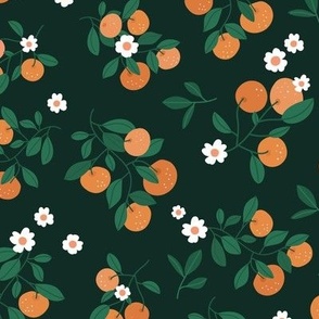 Citrus flower garden - italian oranges and flowers botanical fruit branches green orange on deep green