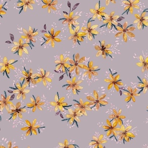Hand Painted Ochre Flowers With Teal And Purple Leaves Blush Pink Large